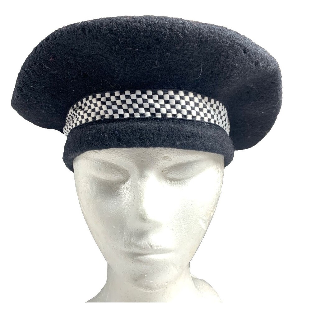 Vintage Beret Size S Black 100% Wool Black White Check Tam Hat Retro Cosplay
